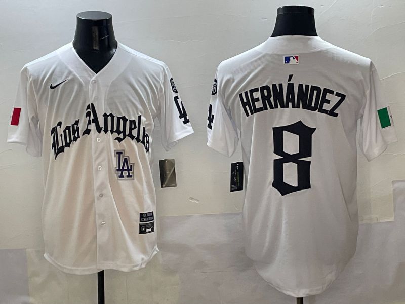 Men Los Angeles Dodgers #8 Hernandez White Five generations Joint Name 2025 Nike MLB Jersey style 11